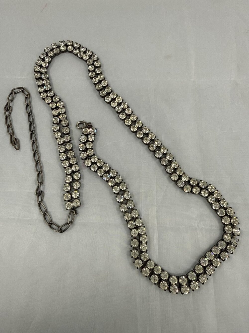 28" Double Row Rhinestone Chain Belt Crystal Waist Belly Chain Gunmetal 90s